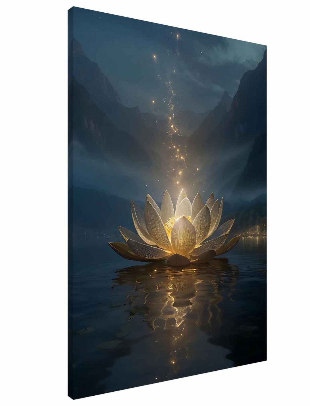 Mystischer Lotustraum – großformatiger Leinwanddruck 70×100 cm, Lotus mit aufsteigenden Sternenfunken