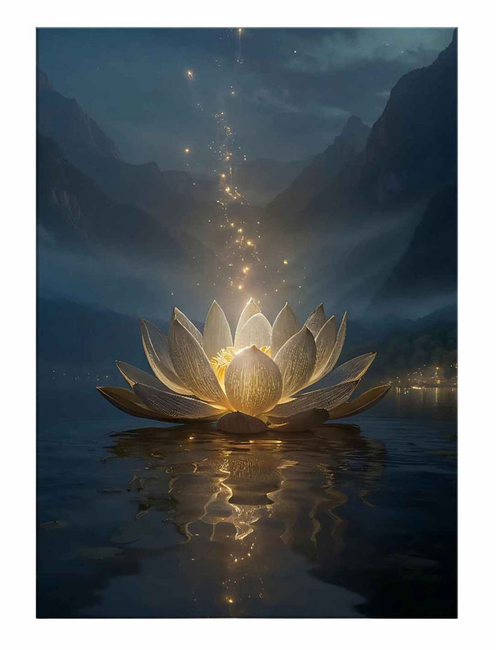 Mystischer Lotustraum – Wandbild mit golden leuchtendem Lotus im See vor nächtlicher Berglandschaft