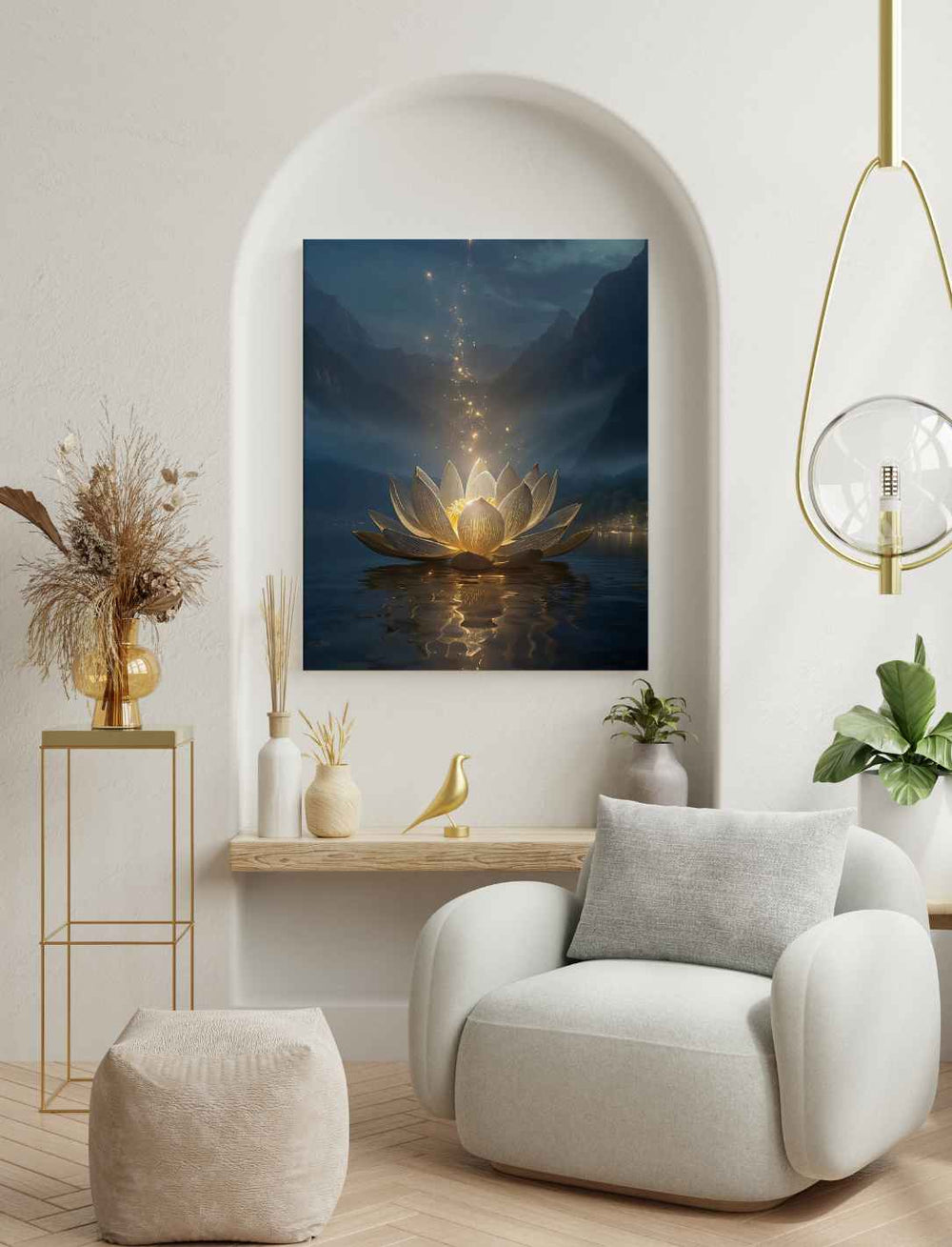  Mystischer Lotustraum – Wandbild mit Lotusmotiv als stilvolle Dekoration im Wohnzimmer