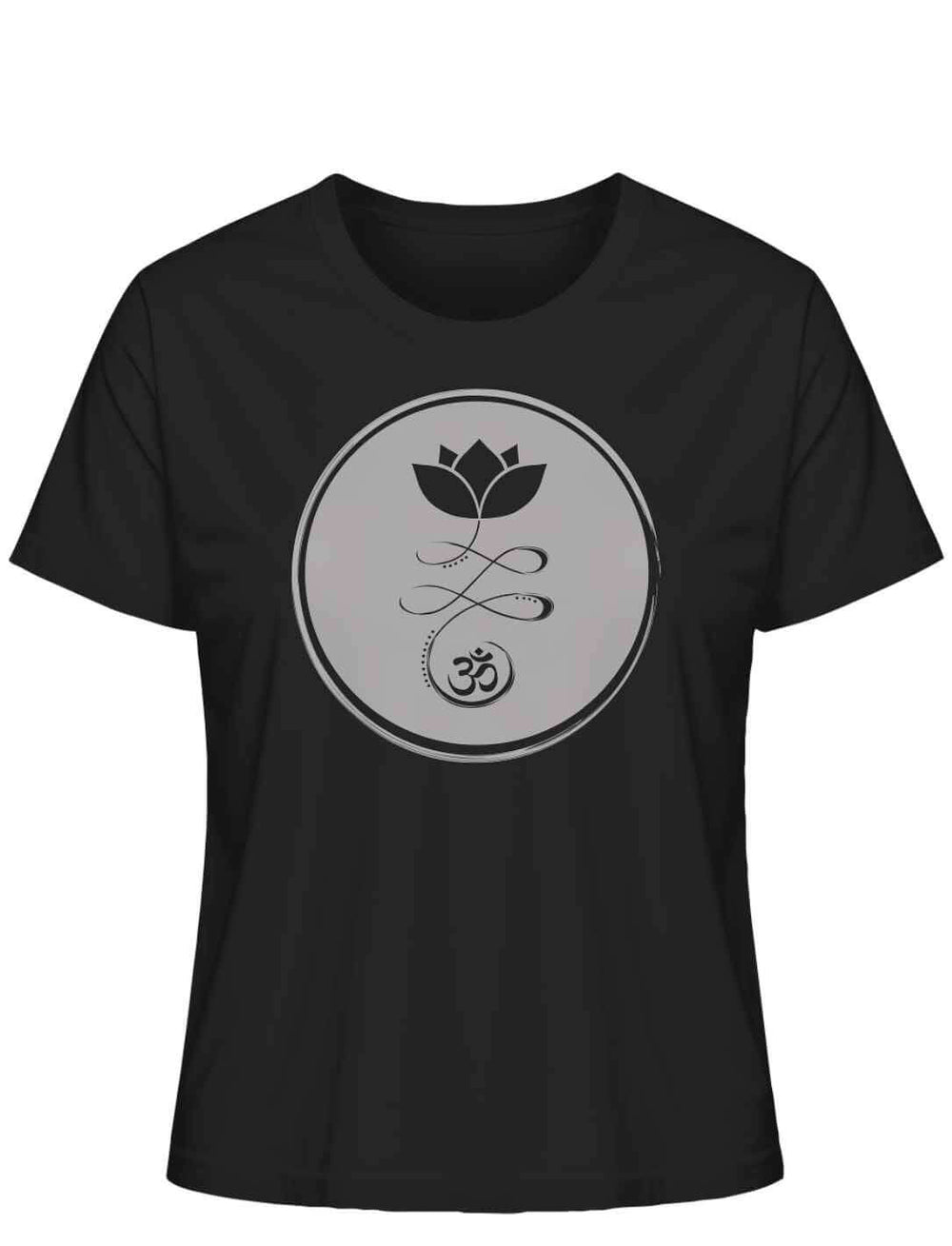 Om Florales Damen-T-Shirt in elegantem Schwarz, zeitloses Design mit Lotusblüte und Om-Symbol, auf weißem Hintergrund.