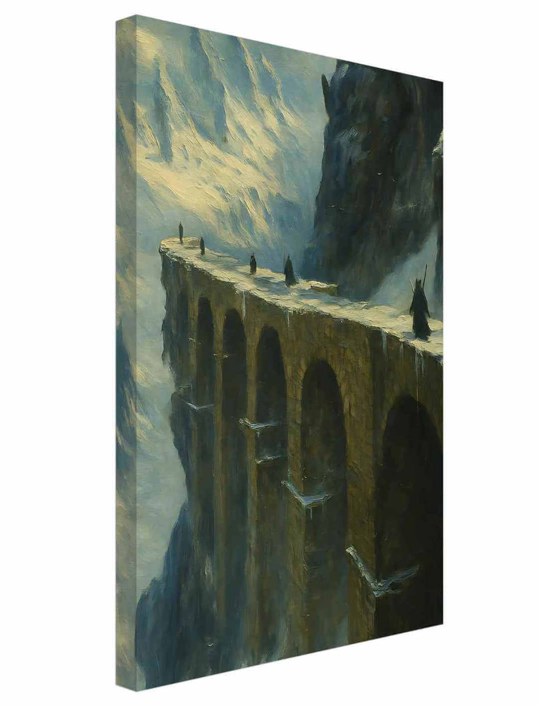 „Pass der Winterlande“ – kunstvoller Digitaldruck auf Canvas, auf Holz gespannt, Format 30×45 cm, zeigt eine majestätische Brücke in eisiger Fantasy-Landschaft.