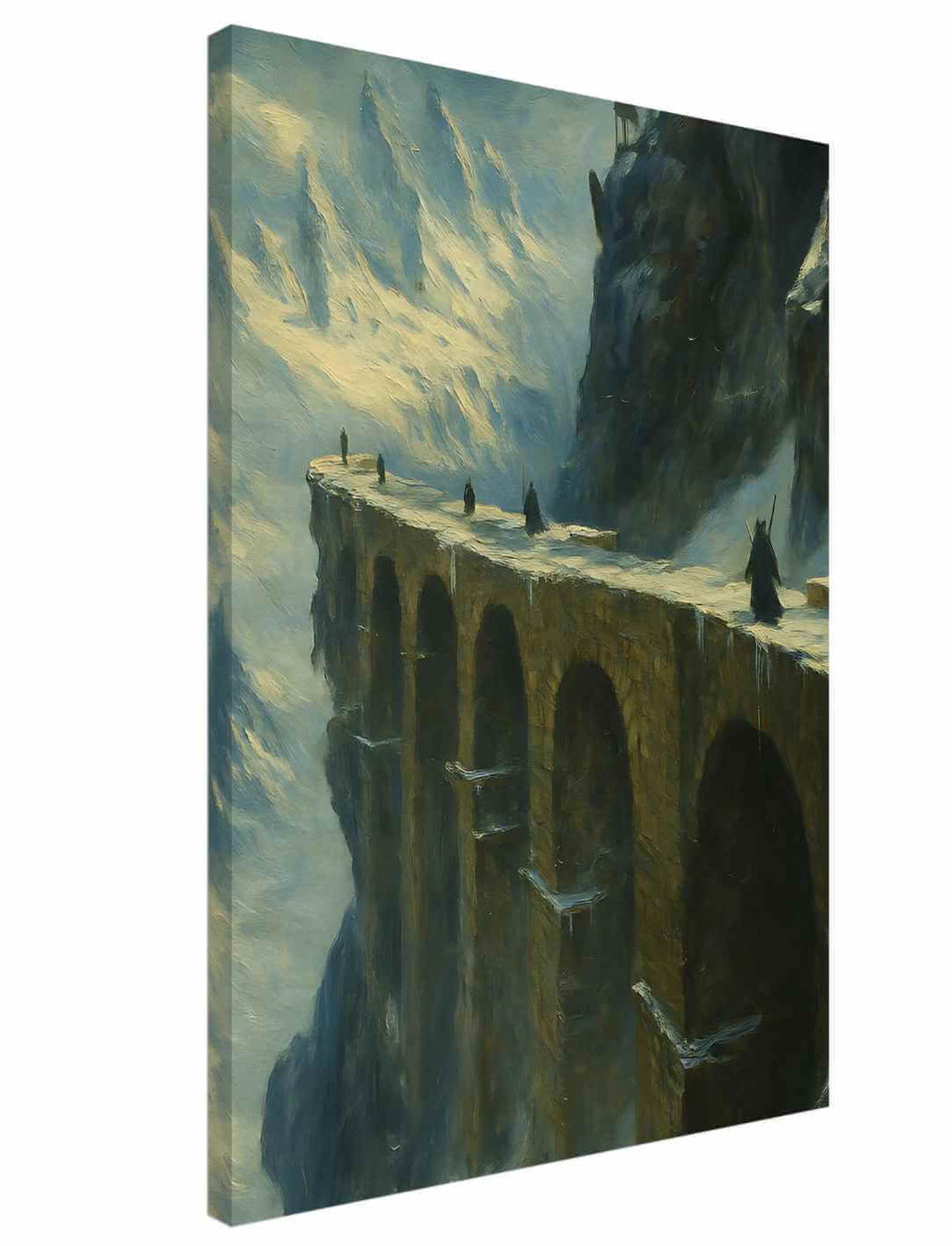 „Pass der Winterlande“ – eindrucksvoller Digitaldruck auf Canvas, auf Holz gespannt, Format 50×70 cm, mit einer imposanten Brücke im Reich des Winters.