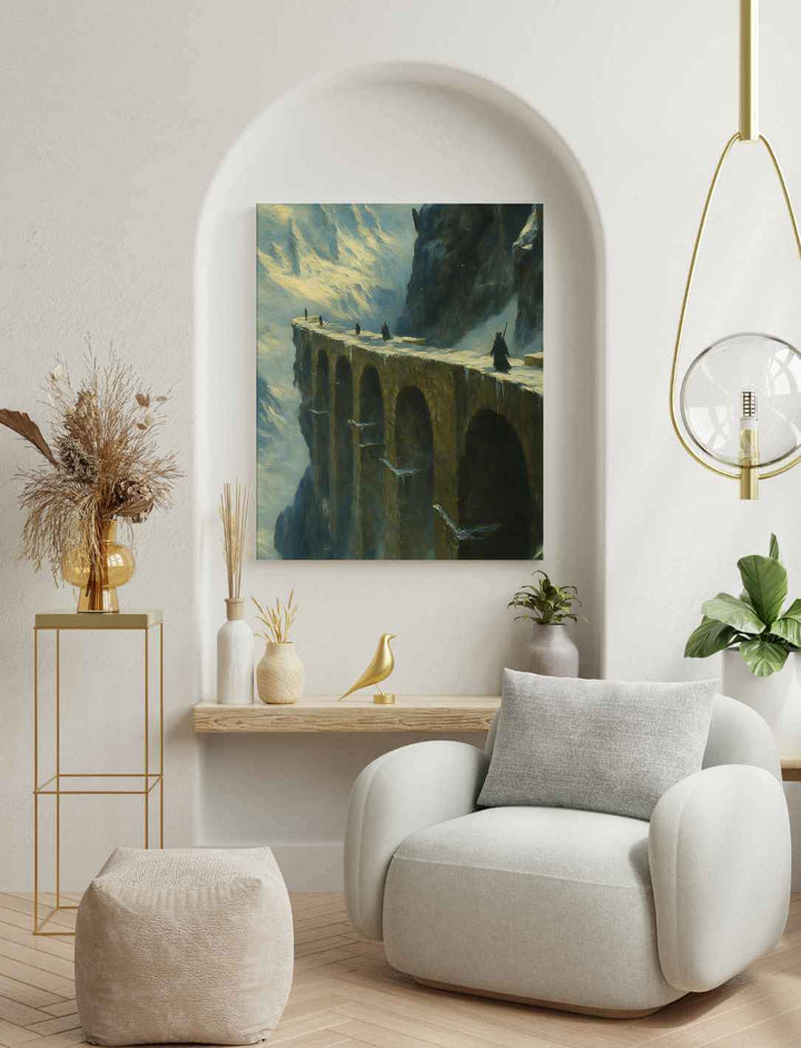 „Pass der Winterlande“ – geheimnisvoller Brückenweg in einer verschneiten Bergwelt, als detailreicher Digitaldruck auf Canvas, auf Holz gespannt, stilvoll im Wohnzimmer inszeniert.