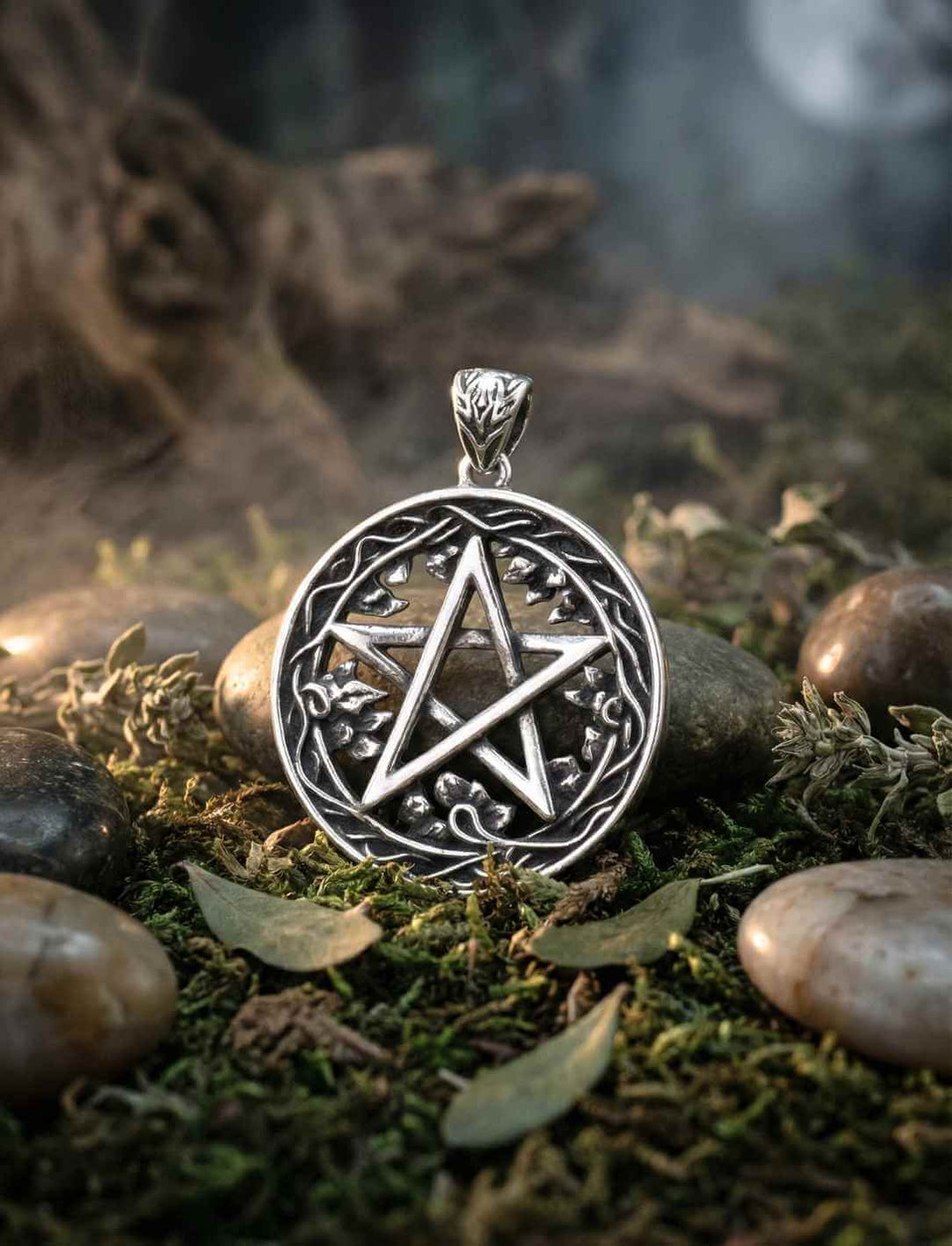 Pentagramm Anhänger aus 925 Sterling Silber im Kreis, liegend auf moosigem Waldboden im mystischen Natursetting.