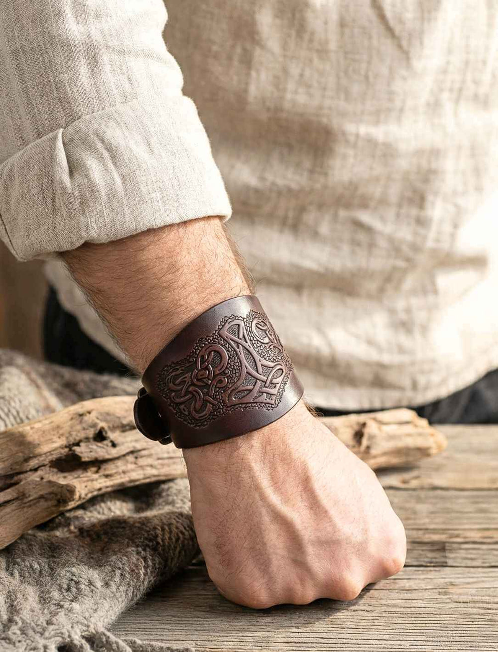 Braunes Mjölnir Lederarmband am Handgelenk getragen in natürlicher Umgebung