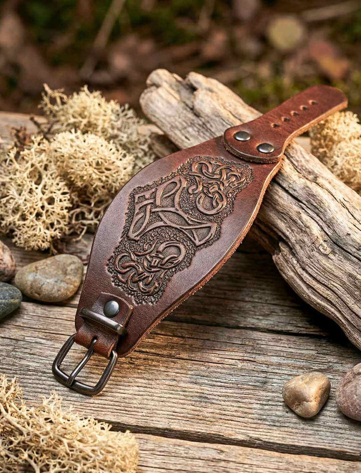 Braunes Lederarmband mit Mjölnir Prägung im Wikinger Stil auf Holz