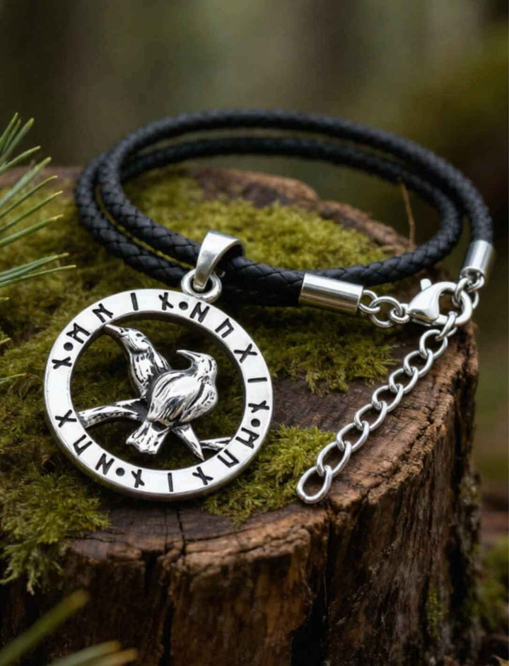 Hugin und Munin Rabenanhänger im Runenkreis an schwarzer geflochtener Lederkette mit Verschluss