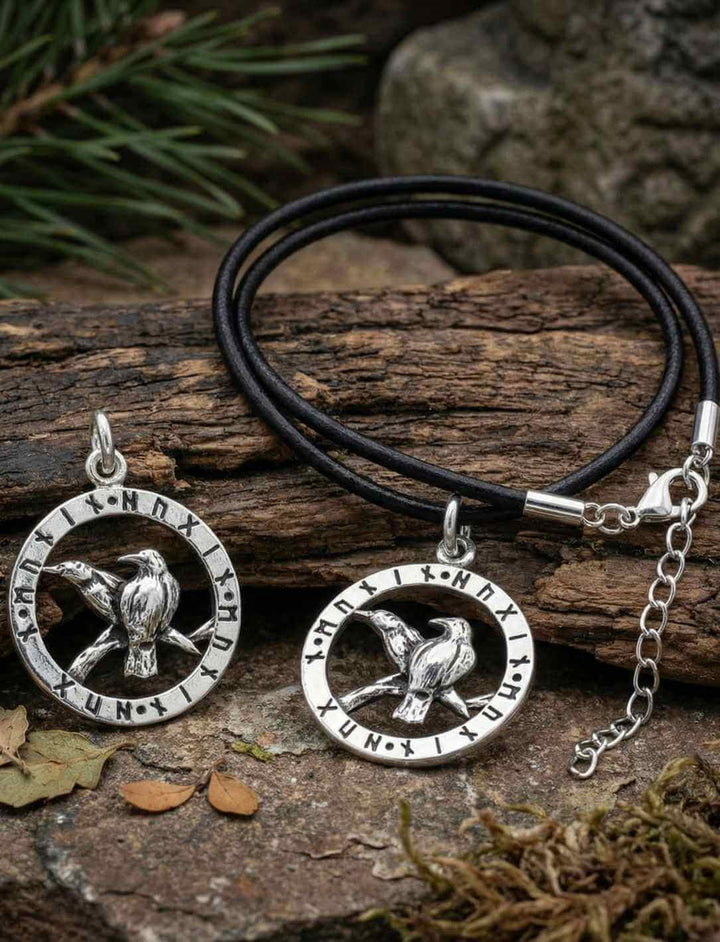 Raben Odins Anhänger mit Hugin und Munin im Runenkreis an ohne Kette und mit schwarzer Lederkette mit Silberverschluss.