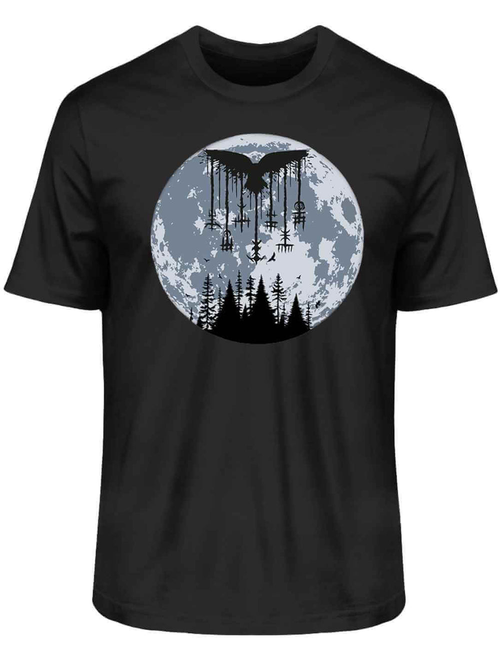 Schwarzes Unisex Organic Shirt „Rabenruf im Mondschatten“ – Mystisches Rabendesign vor einem leuchtenden Vollmond, inspiriert von nordischer Mythologie, auf weißem Hintergrund.