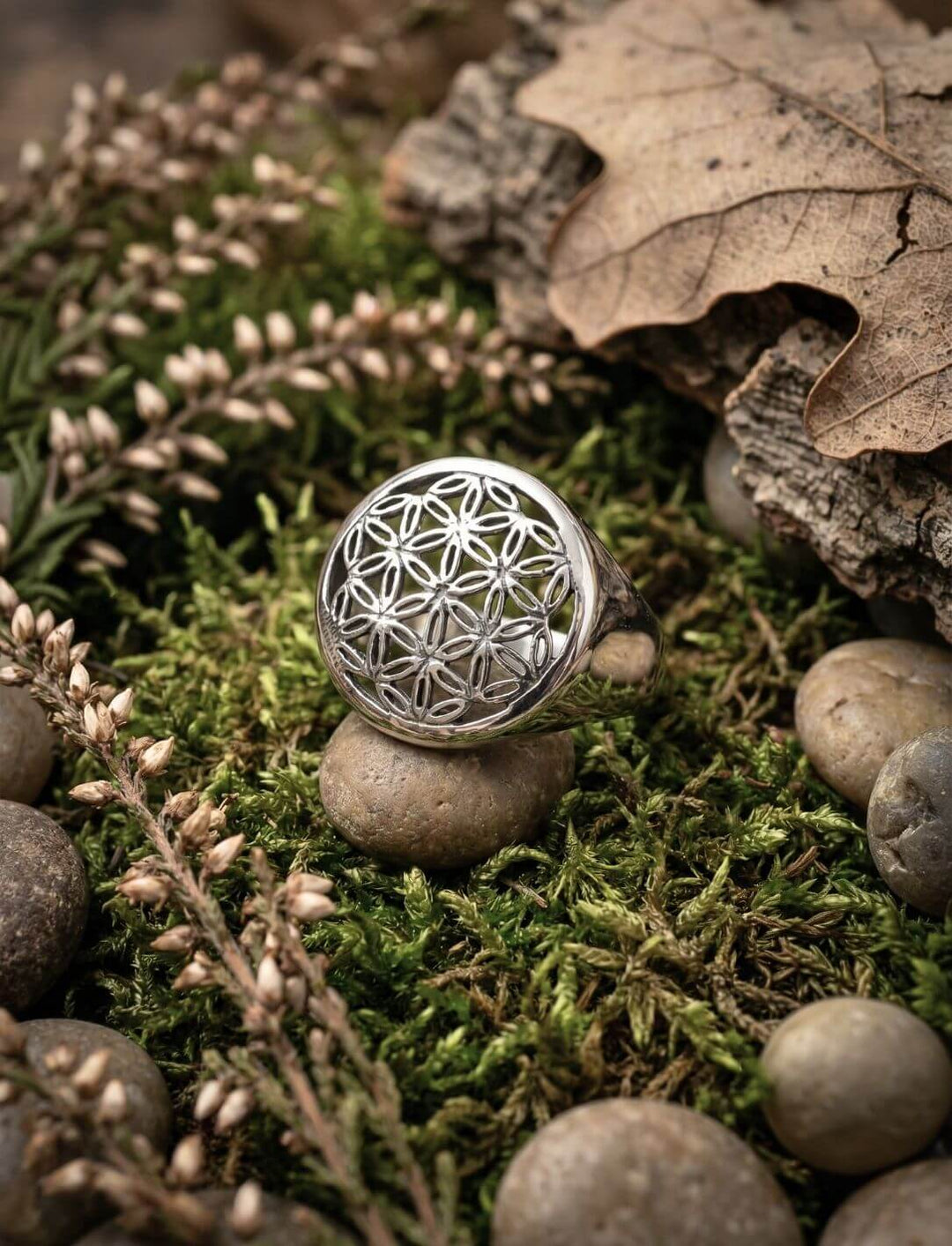 Silberring mit Blume des Lebens Motiv, Detailaufnahme der geometrischen Struktur im Waldlicht