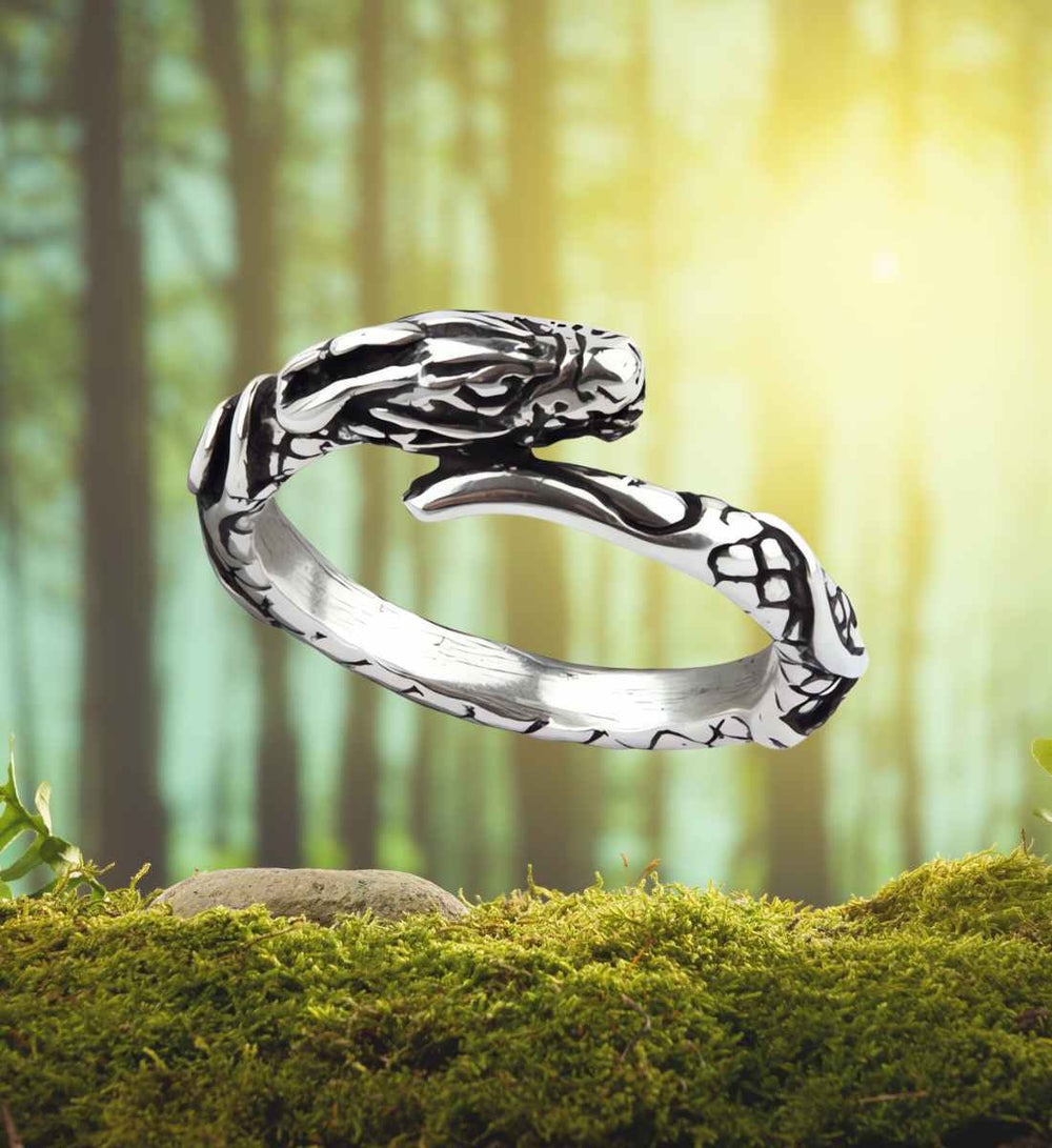 Ring des Drachenhüters – Verstellbarer Drachenring aus 925 Sterling Silber auf Wald/Moos Hintergrund