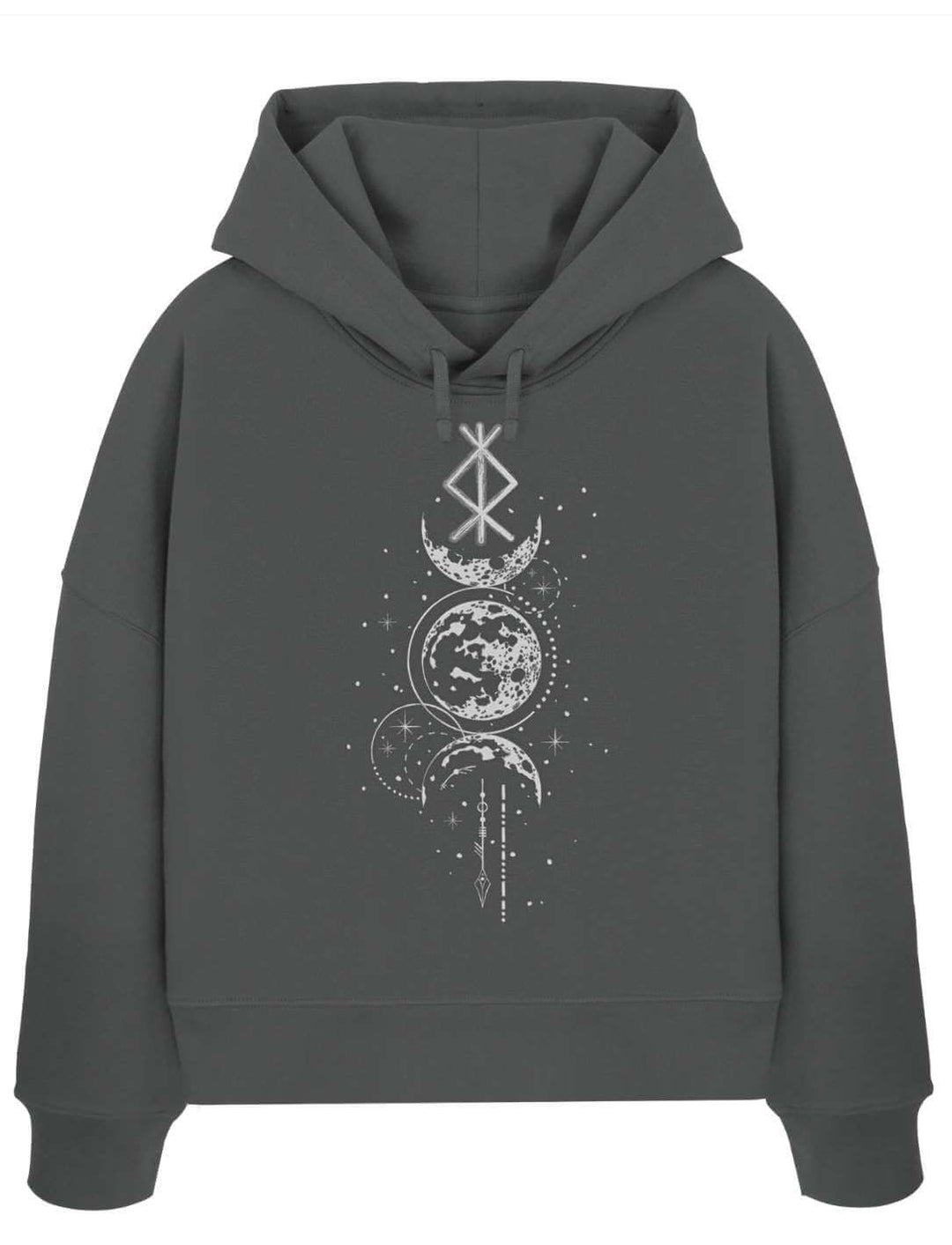 Damen Boxcut Hoodie mit Binderune und Mondphasen in anthrazit – nordische Symbolik von Runental