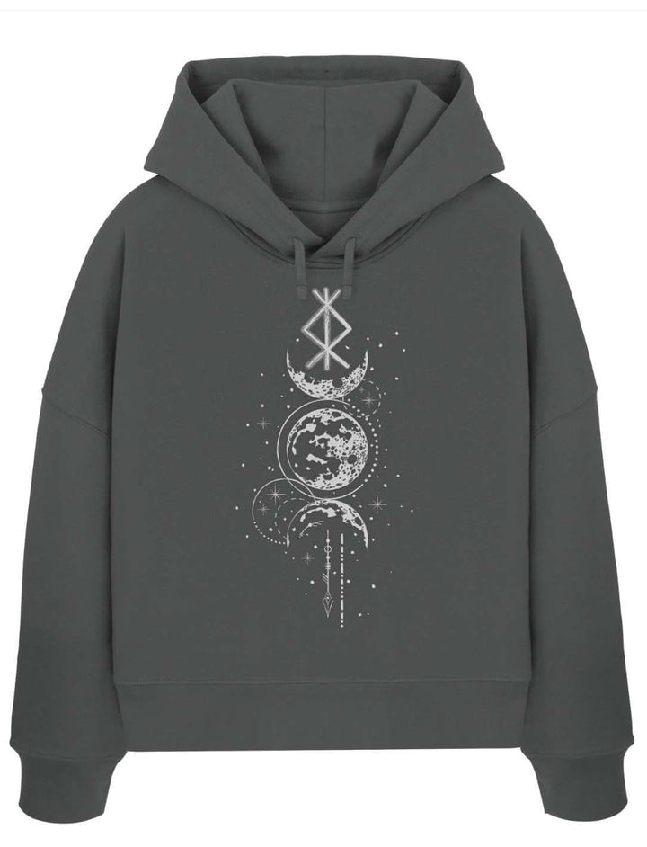 Damen Boxcut Hoodie mit Binderune und Mondphasen in anthrazit – nordische Symbolik von Runental