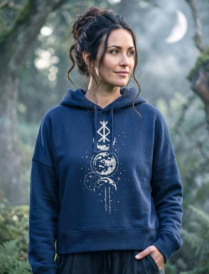 Damen Hoodie mit nordischer Runen-Symbolik in Navy – Rune des Mondschein Wächters von Runental