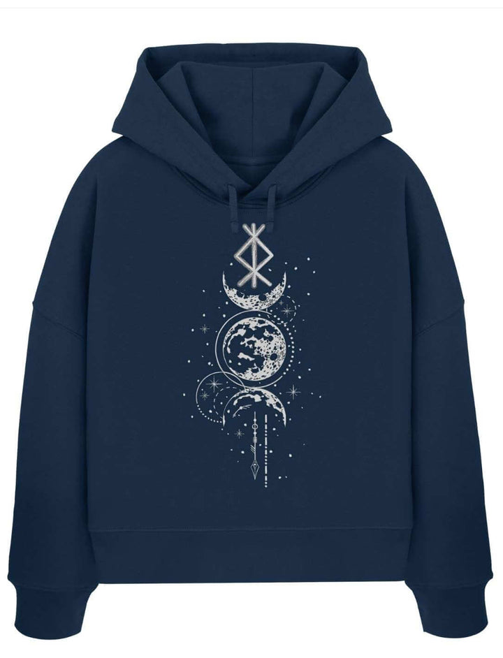 Rune des Mondschein Wächters Damen Boxcut Hoodie in Navy – nordisches Mondphasen Design