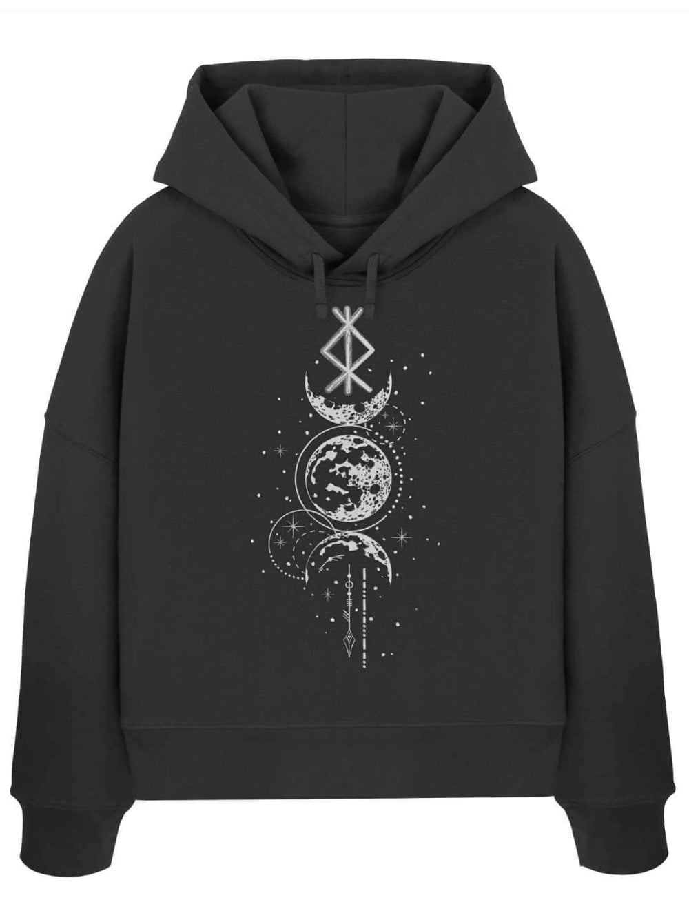 Rune des Mondschein Wächters Damen Hoodie schwarz – Binderune und Mondphasen Motiv auf Bio-Baumwolle