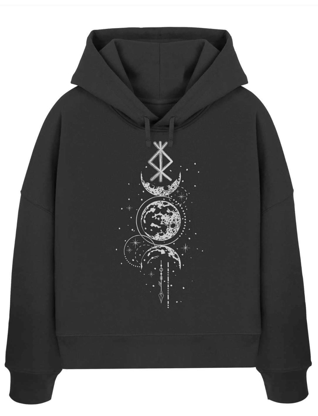 Rune des Mondschein Wächters Damen Hoodie schwarz – Binderune und Mondphasen Motiv auf Bio-Baumwolle