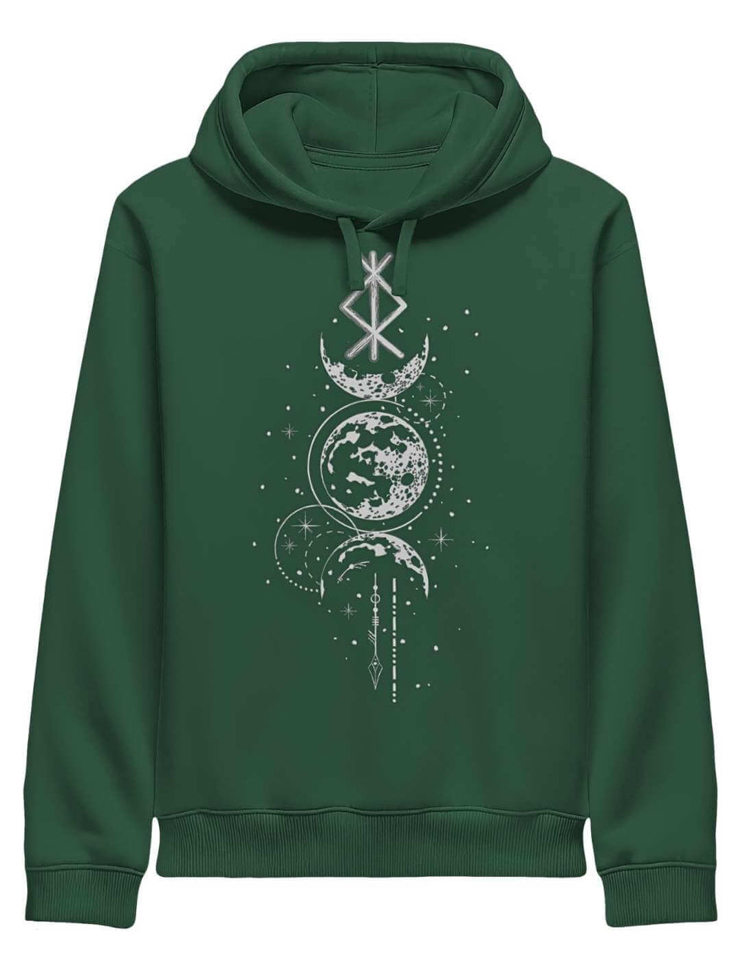 Dunkelgrüner Runen Hoodie mit Mondphasen und Binderune-Print auf weißem Hintergrund
