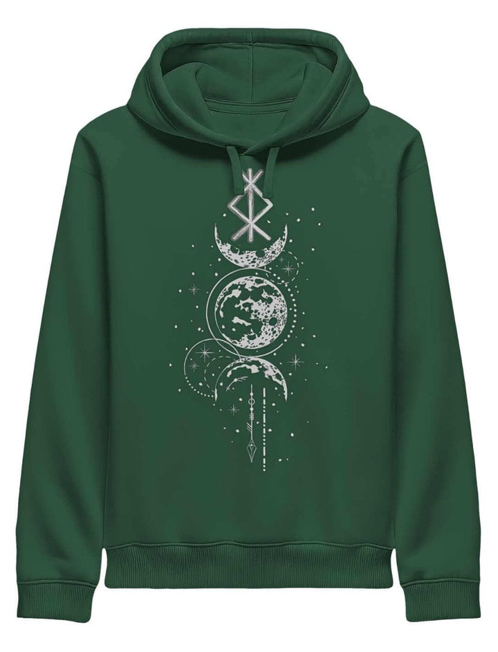 Dunkelgrüner Runen Hoodie mit Mondphasen und Binderune-Print auf weißem Hintergrund