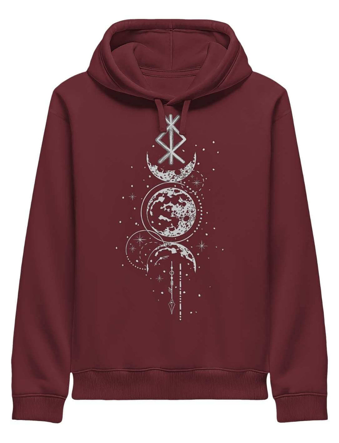 Burgunder Runen Hoodie mit Mondphasen und Binderune-Print auf weißem Hintergrund
