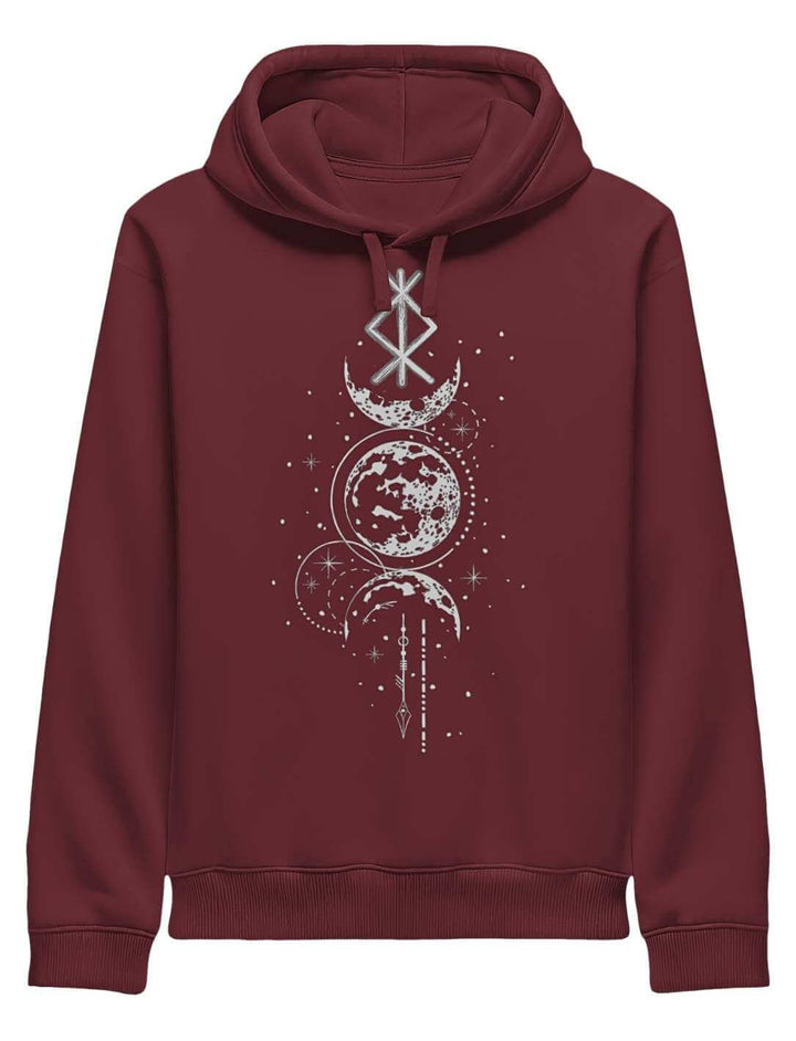 Burgunder Runen Hoodie mit Mondphasen und Binderune-Print auf weißem Hintergrund