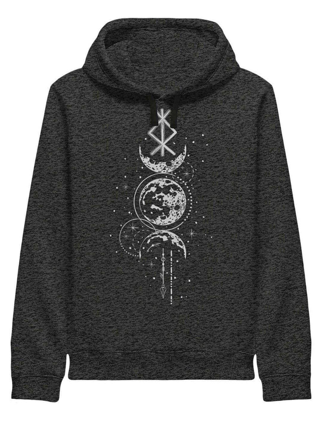 Dunkelgrauer Runen Hoodie mit Mondphasen und Binderune-Print auf weißem Hintergrund