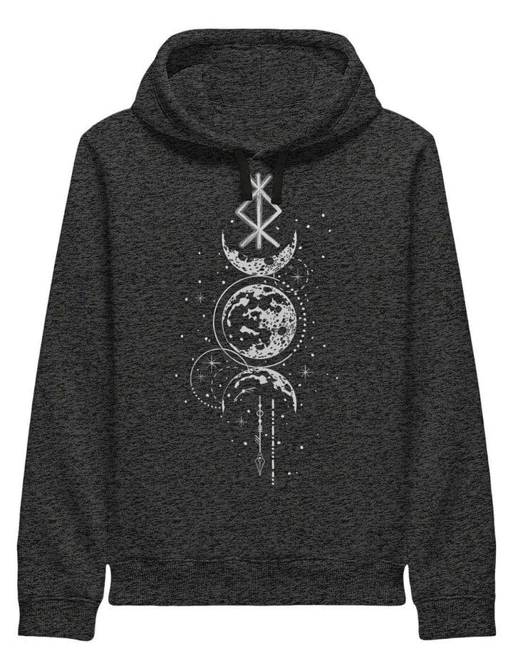 Dunkelgrauer Runen Hoodie mit Mondphasen und Binderune-Print auf weißem Hintergrund