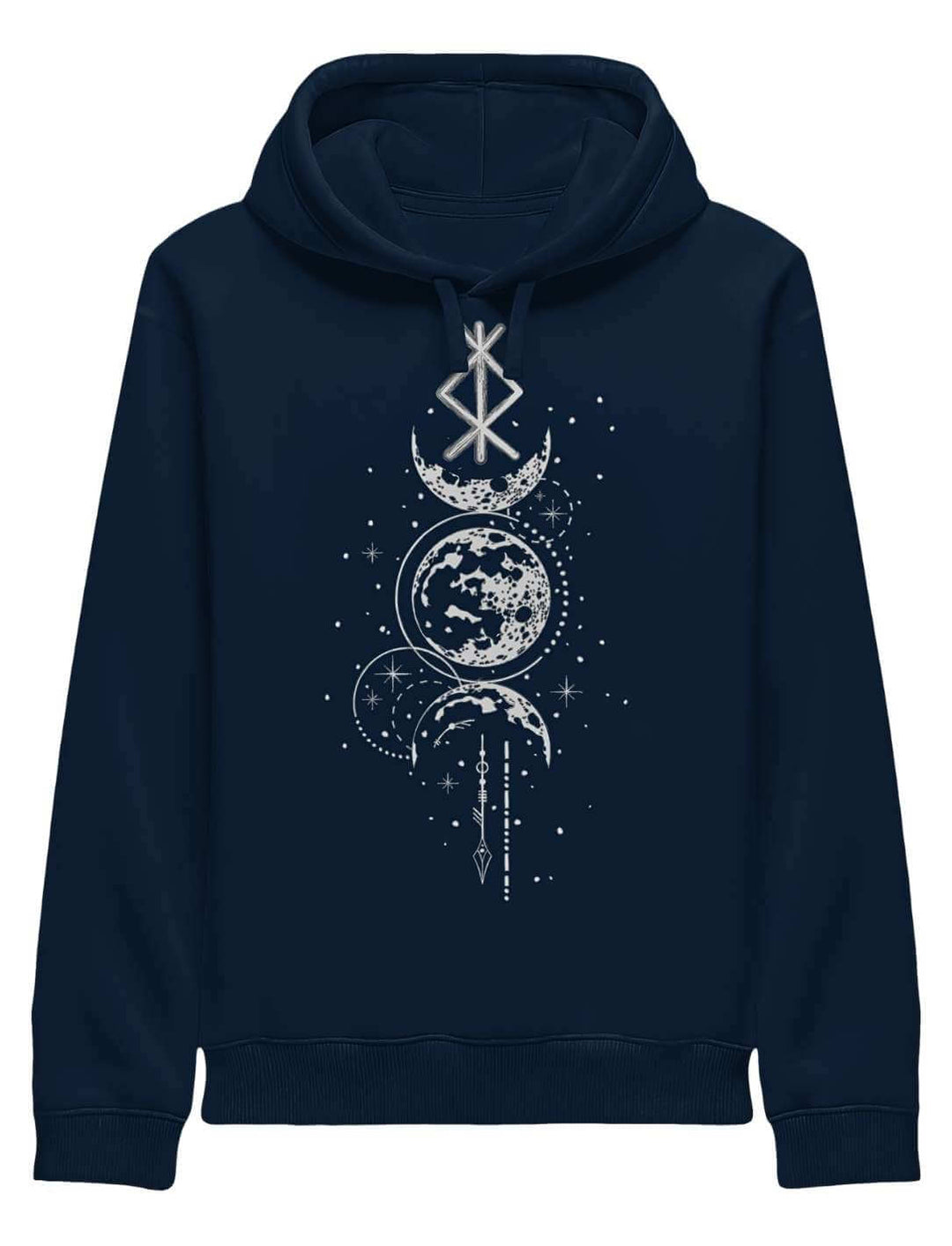 Dunkelblauer Runen Hoodie mit Mondphasen und Binderune-Print auf weißem Hintergrund