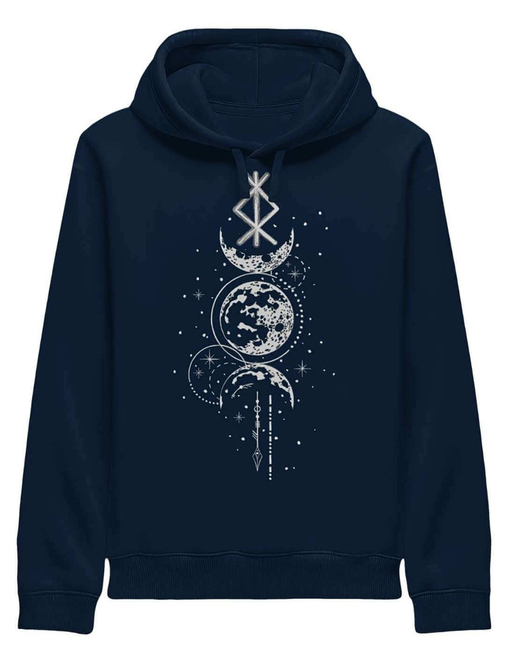 Dunkelblauer Runen Hoodie mit Mondphasen und Binderune-Print auf weißem Hintergrund