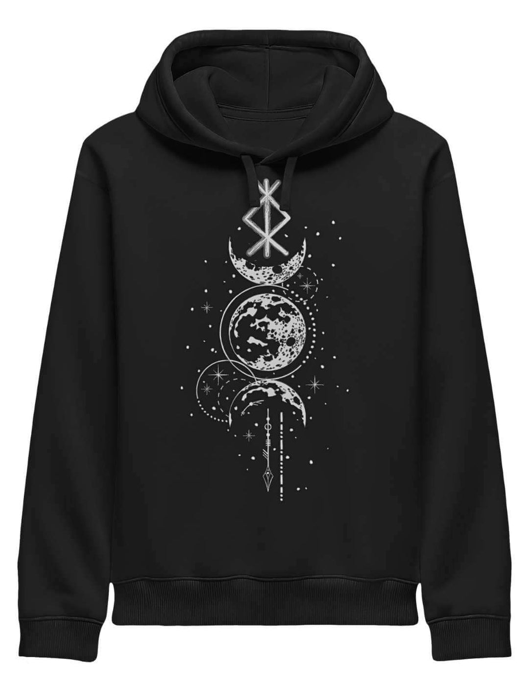 Schwarzer Runen Hoodie mit Mondphasen und Binderune-Print auf weißem Hintergrund
