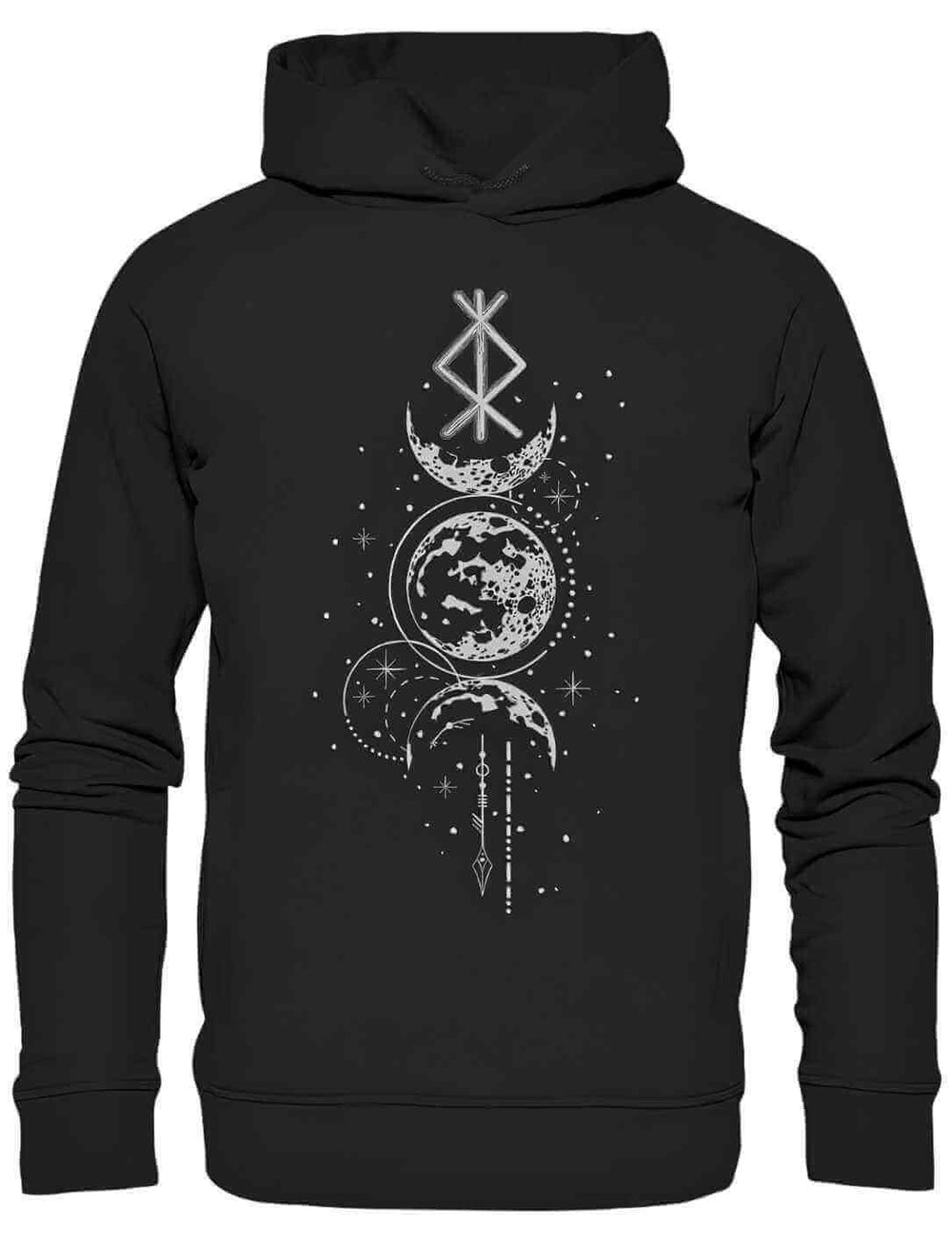 Rune des Mondschein Wächters Unisex Hoodie aus Bio-Baumwolle und recyceltem Polyester von Runental.de in schwarz.