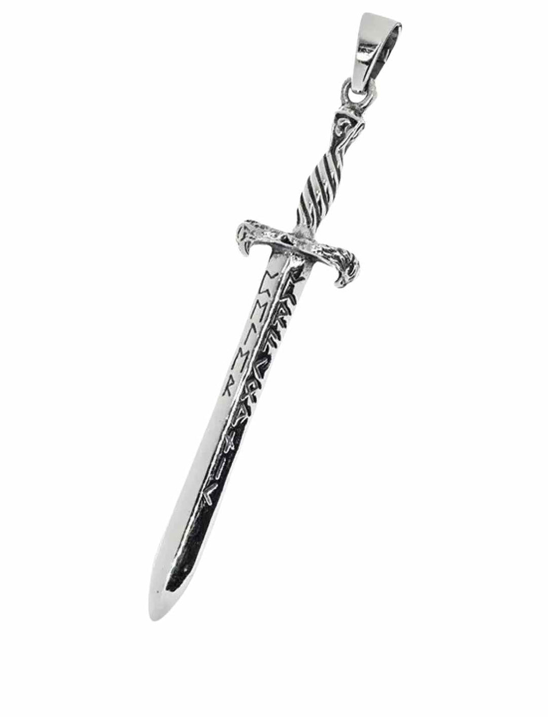 Runenschwert von Asgard Anhänger – Meisterhaftes Design eines 925 Sterling Silber Schwertes mit Runenverzierungen, inspiriert von nordischer Mythologie, auf weißem Hintergrund.