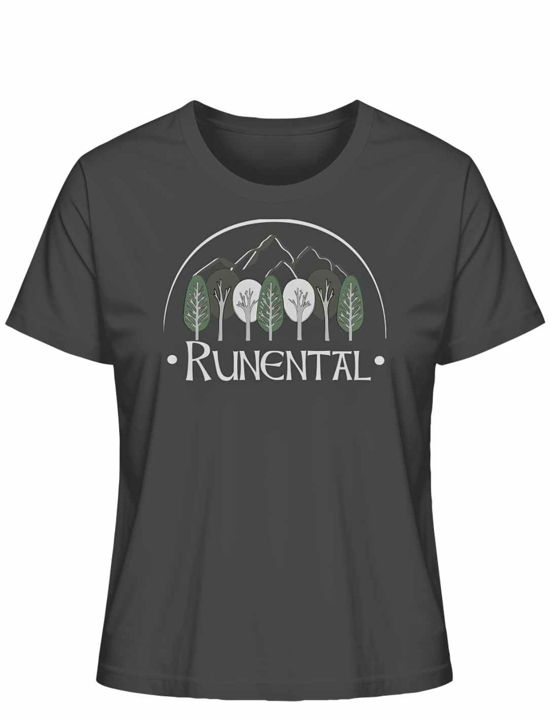 Anthrazitfarbenes “Runental Fan-Kollektion” Damen Organic T-Shirt auf weißem Hintergrund, Frontalansicht – Dunkles Grau mit kraftvoller Symbolik.