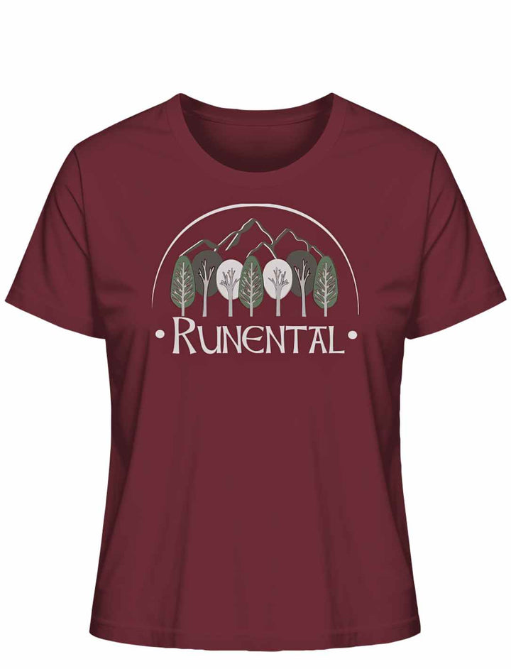 Burgunderrotes “Runental Fan-Kollektion” Damen Organic T-Shirt auf weißem Hintergrund, Frontalansicht – Ausdrucksstarke Farbgebung mit Runental-Design.