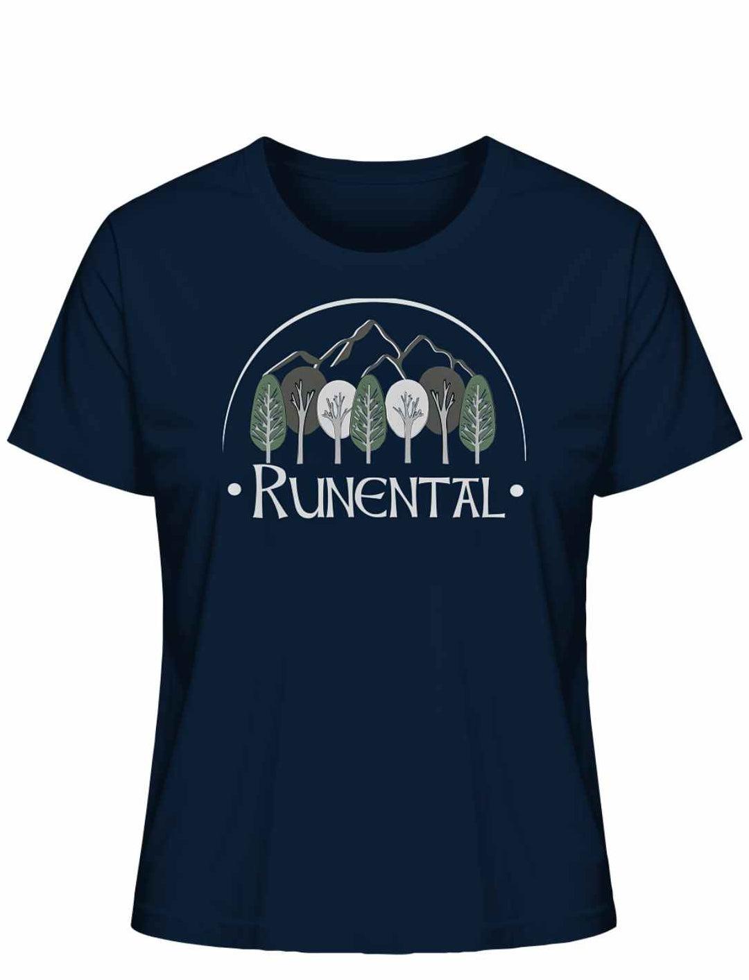 Navyblaues “Runental Fan-Kollektion” Damen Organic T-Shirt auf weißem Hintergrund, Frontalansicht – Tiefe Blautöne treffen auf mystische Symbolik.