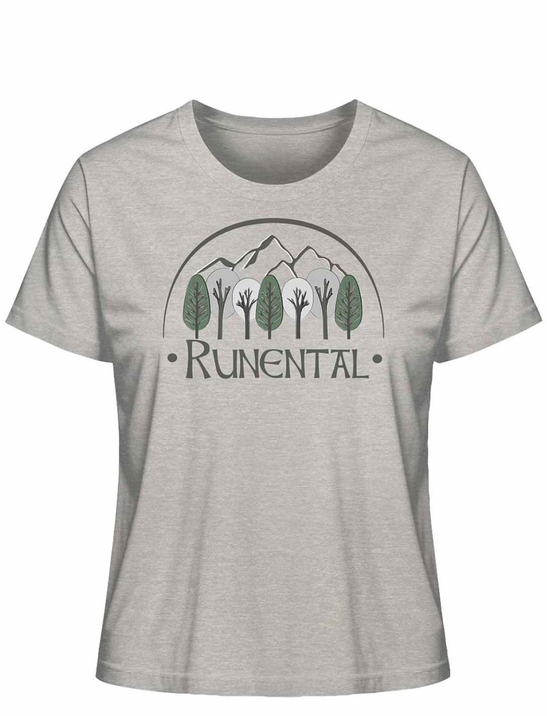 “Runental Fan-Kollektion” Damen Organic T-Shirt in Heather Grey auf weißem Hintergrund, Frontalansicht – Geheimnisvolle Tiefen mit mythologischer Bedeutung.