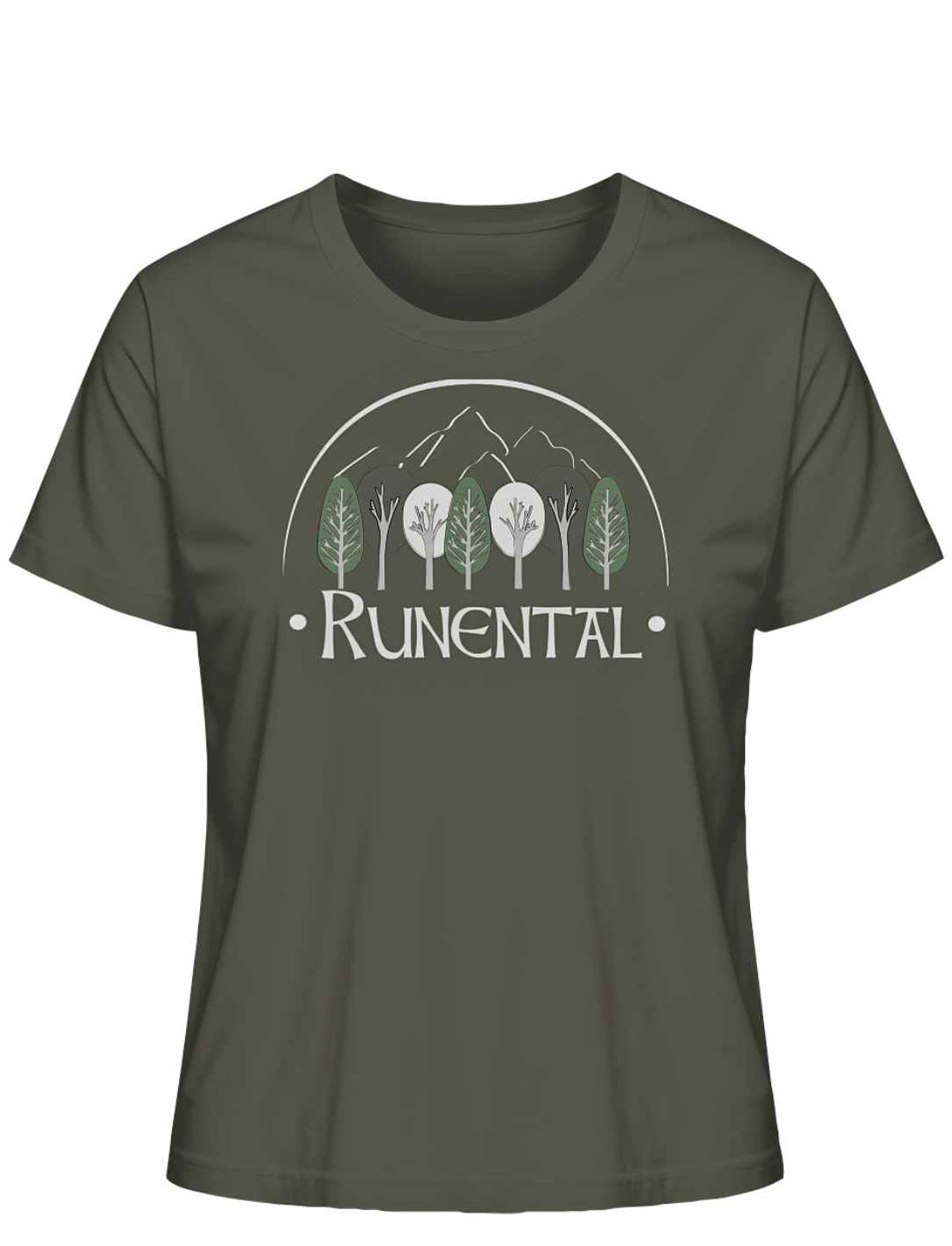 Khakifarbenes “Runental Fan-Kollektion” Damen Organic T-Shirt auf weißem Hintergrund, Frontalansicht – Natürliche Erdtöne vereint mit Runental-Mystik.