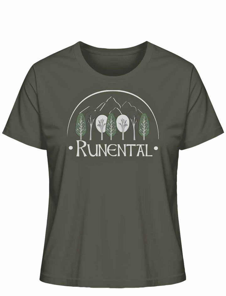 Khakifarbenes “Runental Fan-Kollektion” Damen Organic T-Shirt auf weißem Hintergrund, Frontalansicht – Natürliche Erdtöne vereint mit Runental-Mystik.