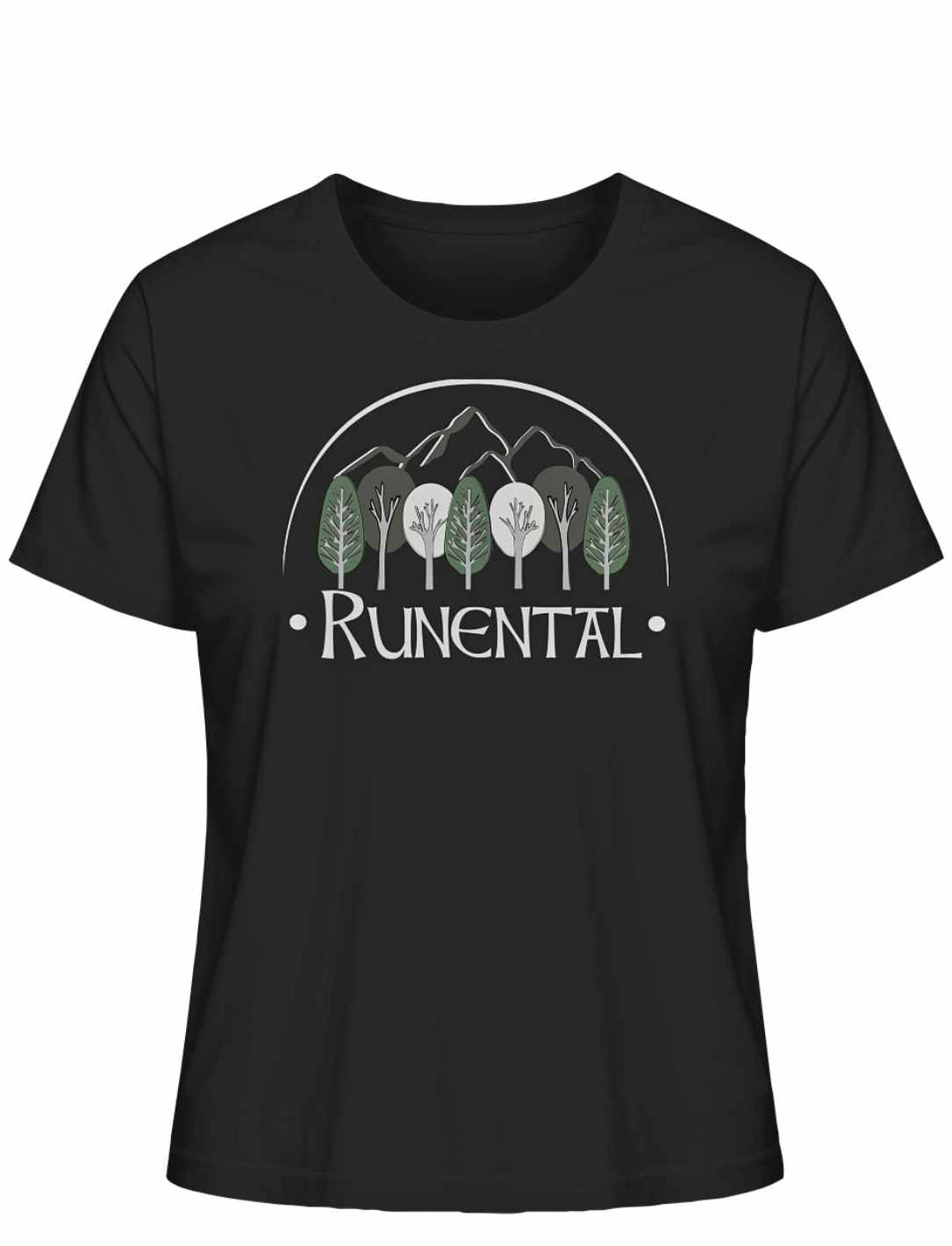 Schwarzes “Runental Fan-Kollektion” Damen Organic T-Shirt auf weißem Hintergrund, Frontalansicht – Stilvolle Vereinigung von Mythologie und Nachhaltigkeit.