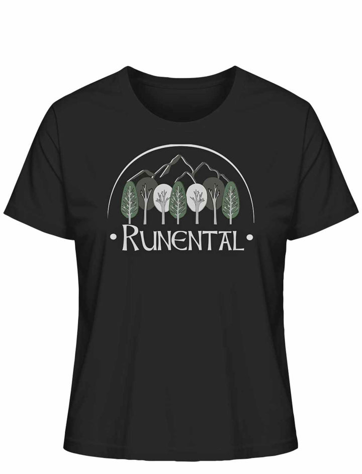 Schwarzes “Runental Fan-Kollektion” Damen Organic T-Shirt auf weißem Hintergrund, Frontalansicht – Stilvolle Vereinigung von Mythologie und Nachhaltigkeit.