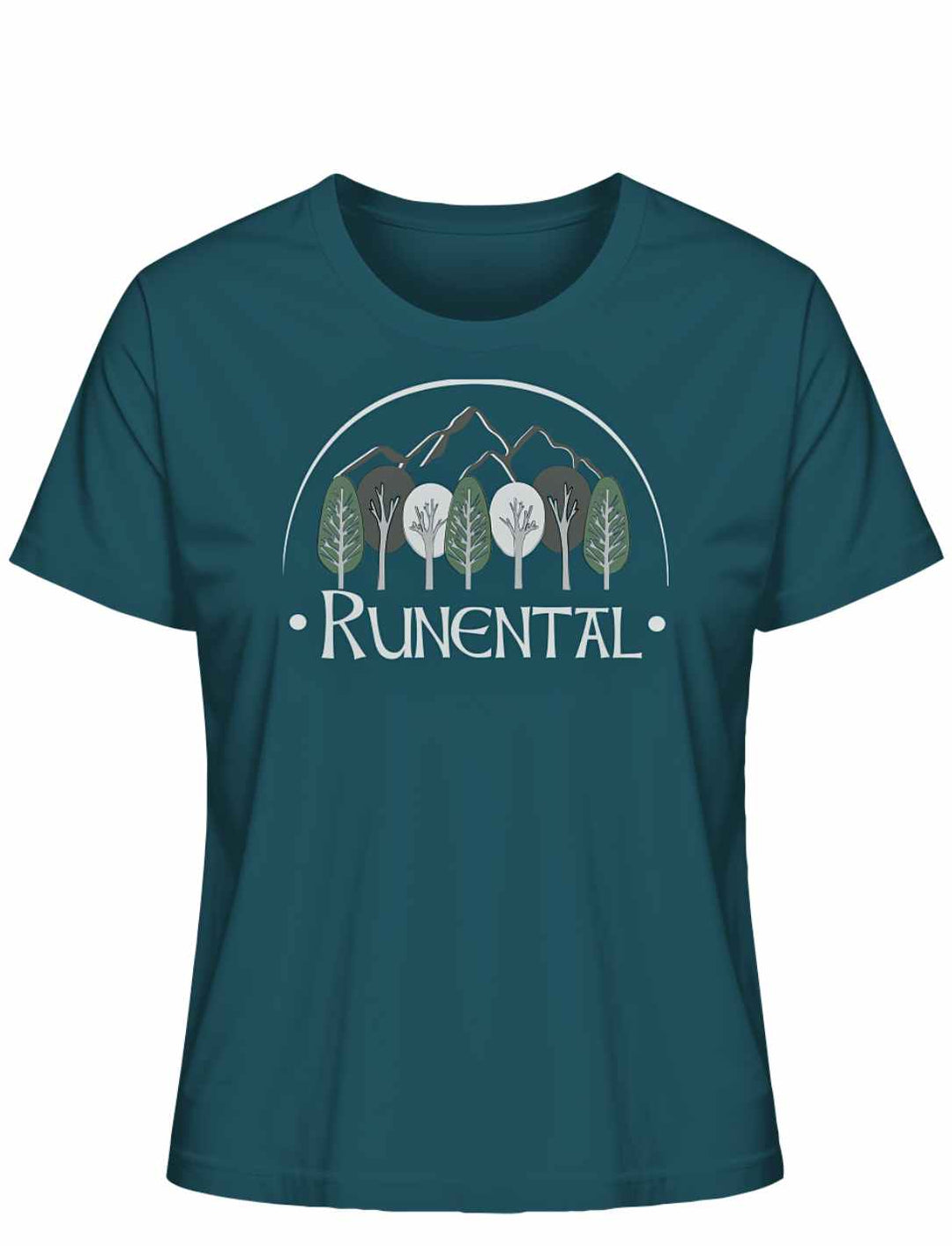 Stargazerblaues “Runental Fan-Kollektion” Damen Organic T-Shirt auf weißem Hintergrund, Frontalansicht – Geheimnisvolle Tiefen mit mythologischer Bedeutung.