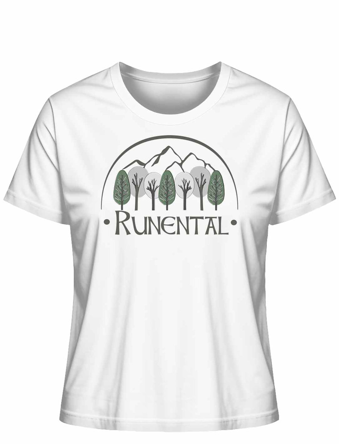 Weißes “Runental Fan-Kollektion” Damen Organic T-Shirt auf weißem Hintergrund, Frontalansicht – Zeitlose Eleganz mit tief verwurzelter Symbolik.