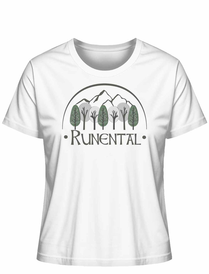 Weißes “Runental Fan-Kollektion” Damen Organic T-Shirt auf weißem Hintergrund, Frontalansicht – Zeitlose Eleganz mit tief verwurzelter Symbolik.