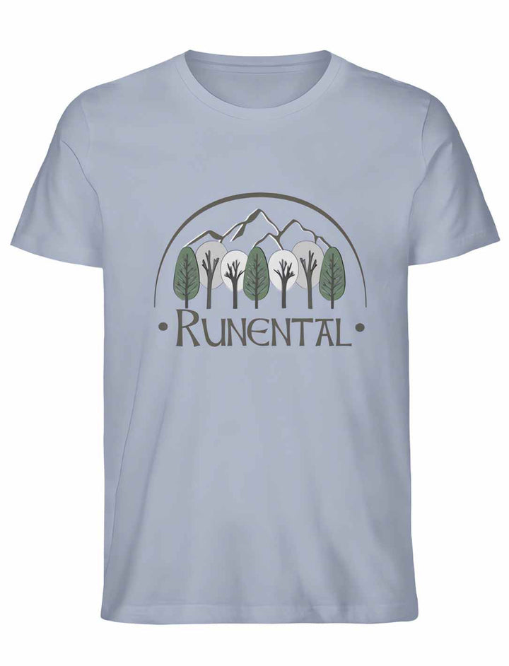Serene Blue Runental Fanwear Unisex Organic T-Shirt in Produktansicht.