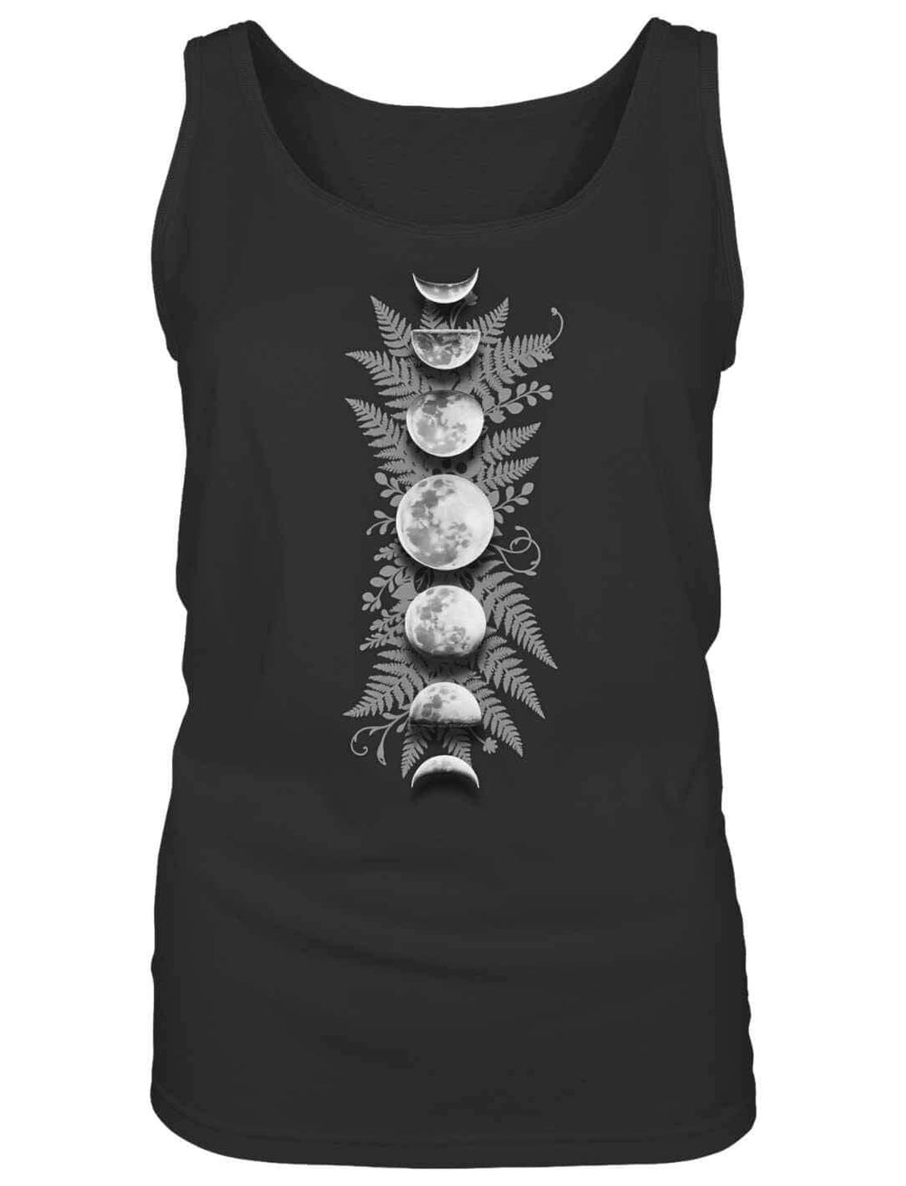 Sacred Moon Damen Tank Top Schwarz mit Mondphasen und Farn Design Vorderansicht