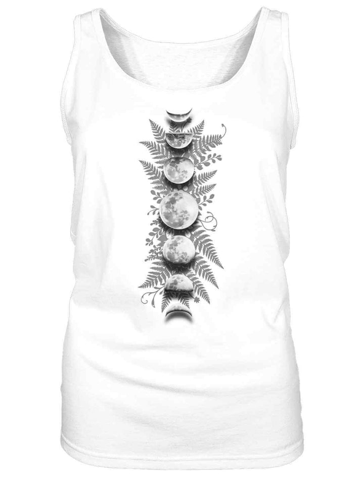 Sacred Moon Damen Tank Top Weiß mit Mondphasen Motiv und Farn Illustration