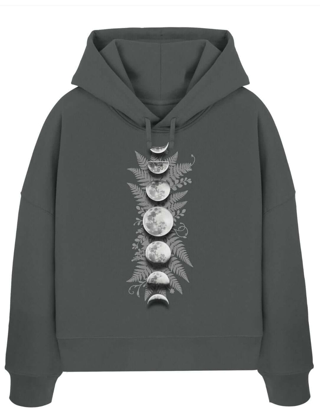 Anthrazit Boxcut Hoodie mit Mondphasen und Farn – Sacred Moon Damen Hoodie Runental