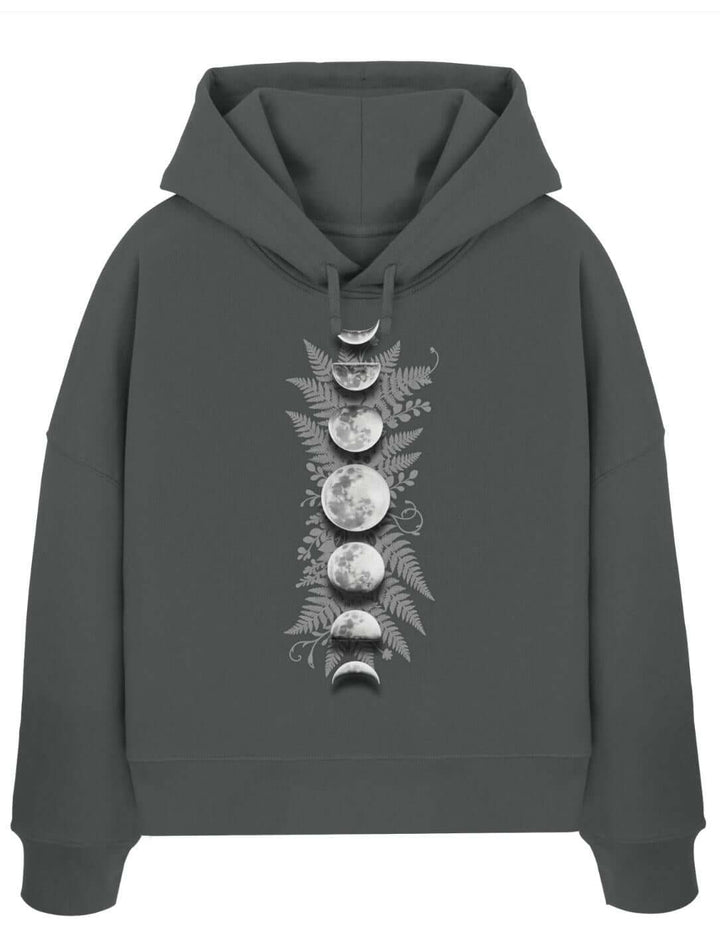 Anthrazit Boxcut Hoodie mit Mondphasen und Farn – Sacred Moon Damen Hoodie Runental