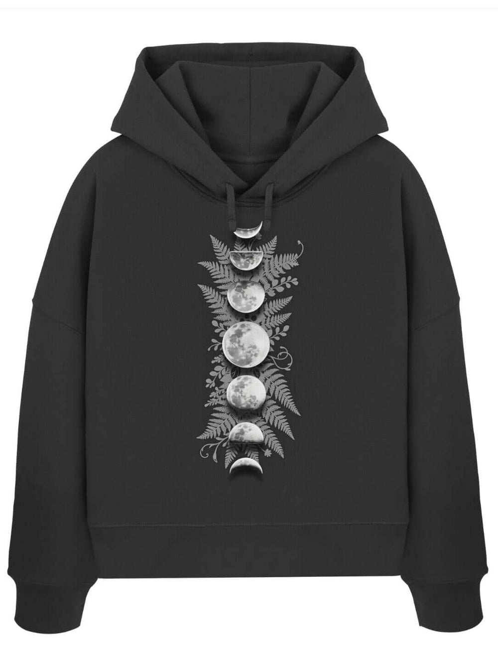 Schwarzer Boxcut Hoodie mit Mondphasen und Farn Motiv – Sacred Moon Bio Baumwolle