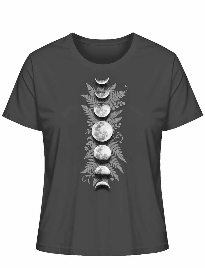 Sacred Moon – Forest Mysteries Damen Organic Shirt Anthrazit mit Mondphasenmotiv und Waldsymbolik